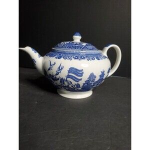 Johnson Brothers Willow Blue Teapot W/ Lid England Large Earthware Tea Pot Vtg